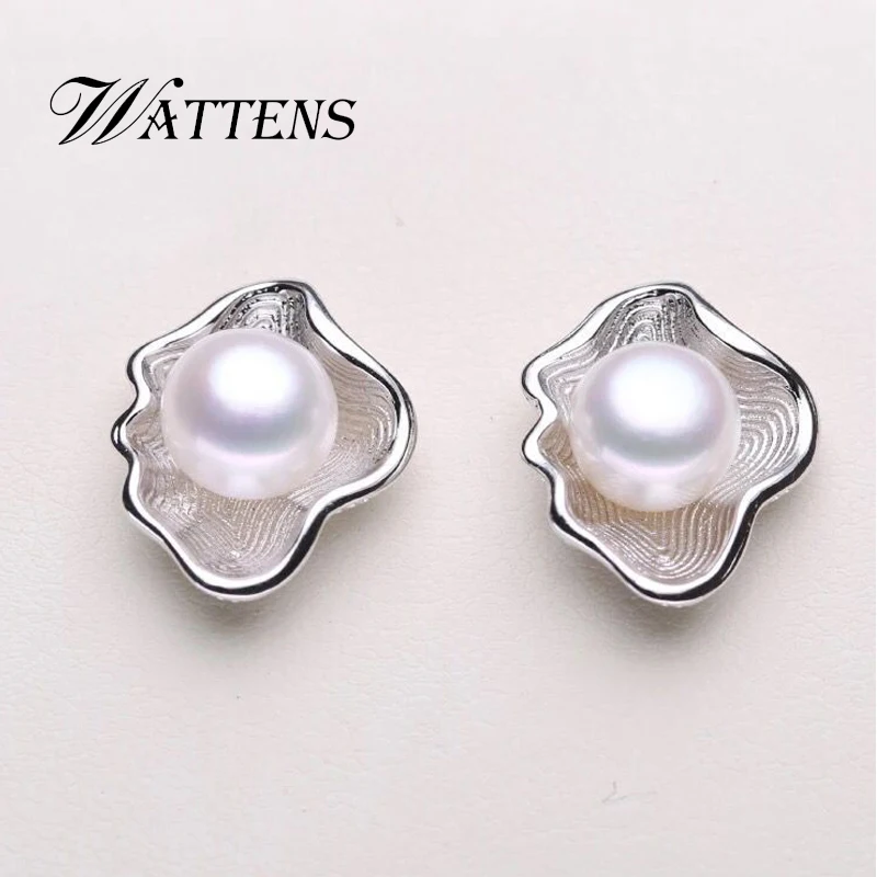 

WATTENS Fashion natural pearl earrings,high luster earrings for women, 925 sterling silver shell pearl stud earrings gift