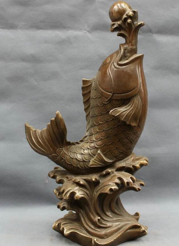 

song voge gem S5016 16" Chinese Bronze Copper FengShui Folk Home Wealth Fish Ball Statue Figurine