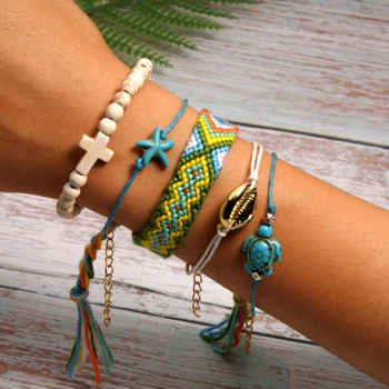 MOON GIRL 5 Pieces Puka Shell Bracelet Set Turtle Starfish Cross Beads Boho Weave Bracelet for Women Friendship Jewelry Dropship - Metal Color: 7