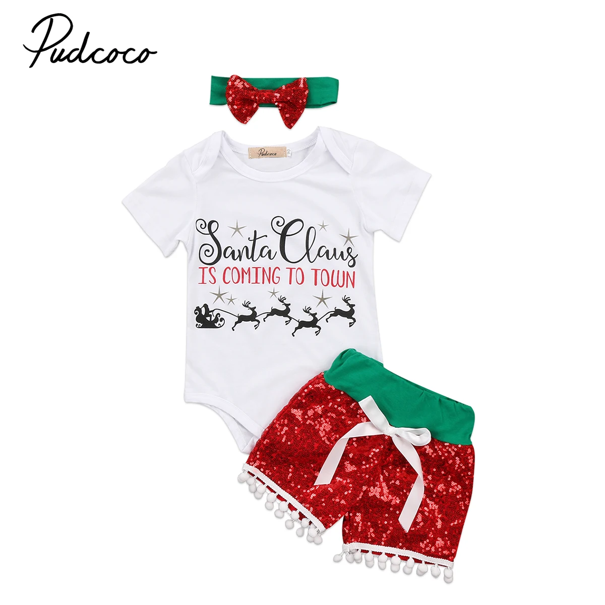 

Newborn Infant Baby Girl Kids Xmas Sequined Rompers Clothes Short Sleeve Jumpsuit Rompers Red Tassels Shorts Headband Outfit Set