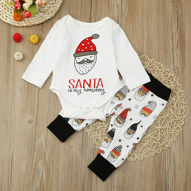 Baby Christmas Clothes Suits Newborn 2pcsSet Long Sleeve White Romper+Pants Infant Cotton Boy Girl New Year Clothing Suit 0-18M