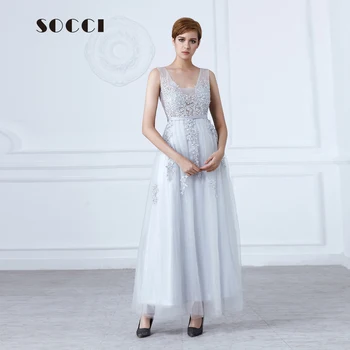 Gray Lace Beading Long Evening Dress 2016 Sexy backless Formal bride Elegant banquet Dresses Floor-length wedding Party Gowns