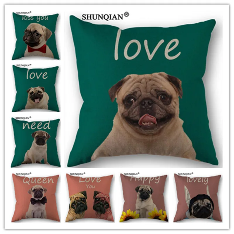 

Fashion High Quality Cotton Linen All kinds of Pug Dog Pillowcase Wedding Decorative Pillow Case For Home Pillow Cover WJY4124