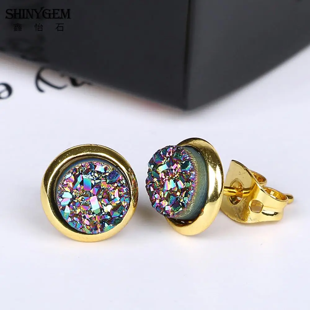 ShinyGem 6 мм/8 мм/10 мм/12mm круглый Агат Серьги позолота Натуральный камень гвоздики милые минеральная Кристаллические серьги для Для женщин