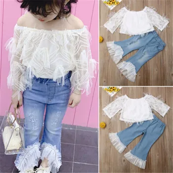 

Toddler Kid Baby Girl Casual Solid Color Summer Lace T-Shirt Princess Tops Destroyed Jeans Pants Outfits Set 2-6years old