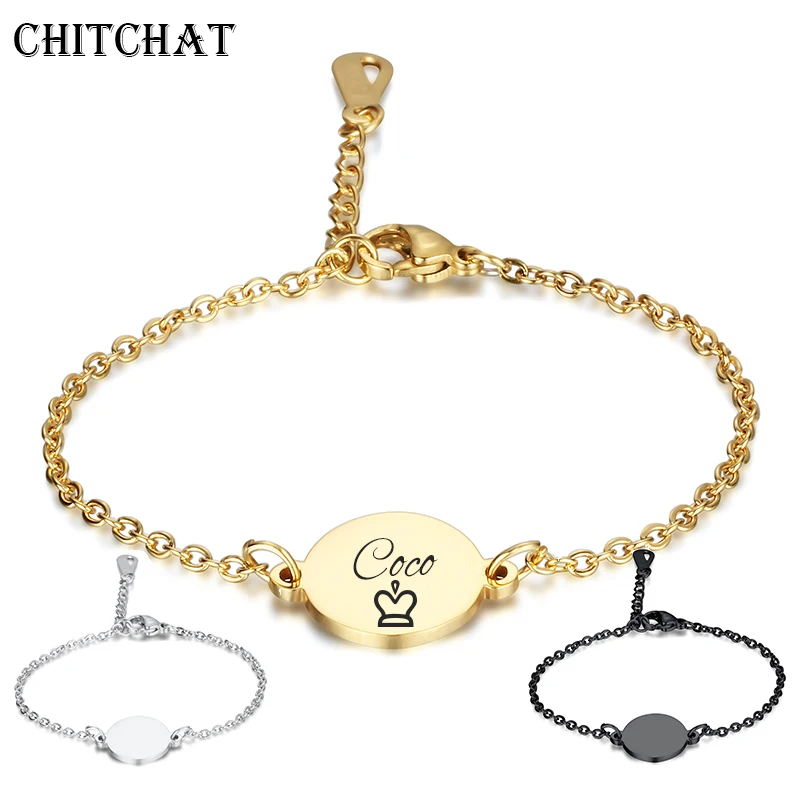 

Personalized Custom Name Bracelet Black Round Pendant Stainless Steel Chain ID Tag Bracelets For Bachelorette Party Gifts