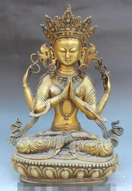 

S4287 15" Tibet Buddhism Bronze Gilt 4 Arms Chenrezig Buddha Avalokiteshvara Statue