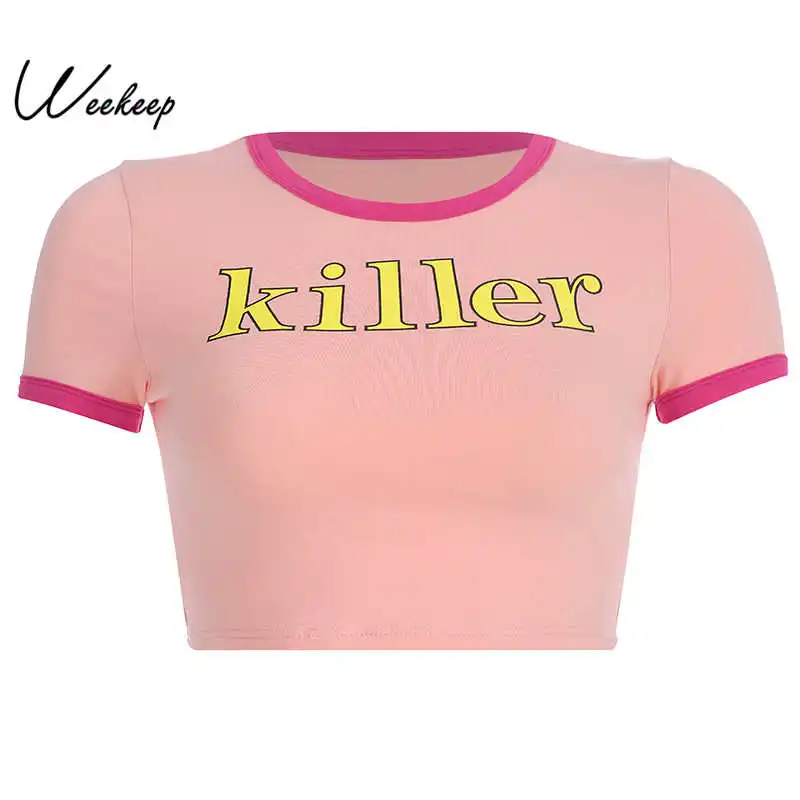 

Weekeep Patchwork Letter Print O-neck t shirt Women Cropped Bodycon Short Sleeve t-shirt 2019 Streetwear Knitted Crop Top
