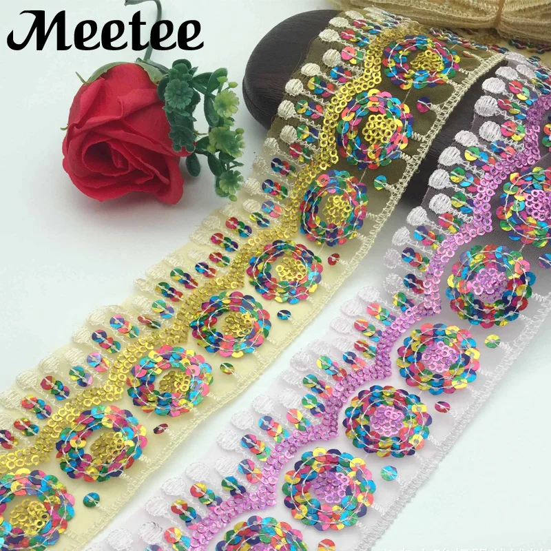 

5Yards 3D Floral Embroidered Sequins Lace Trims Gold Silver Lace Applique Ribbons Skirt Clothing Decorative Trimmings KY149