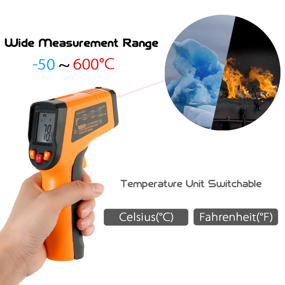 

Meterk 12:1 Digital IR Infrared Thermometer LCD Temperature gauge practical Pyrometer + Backlight -50-600 Centigrade Degrees