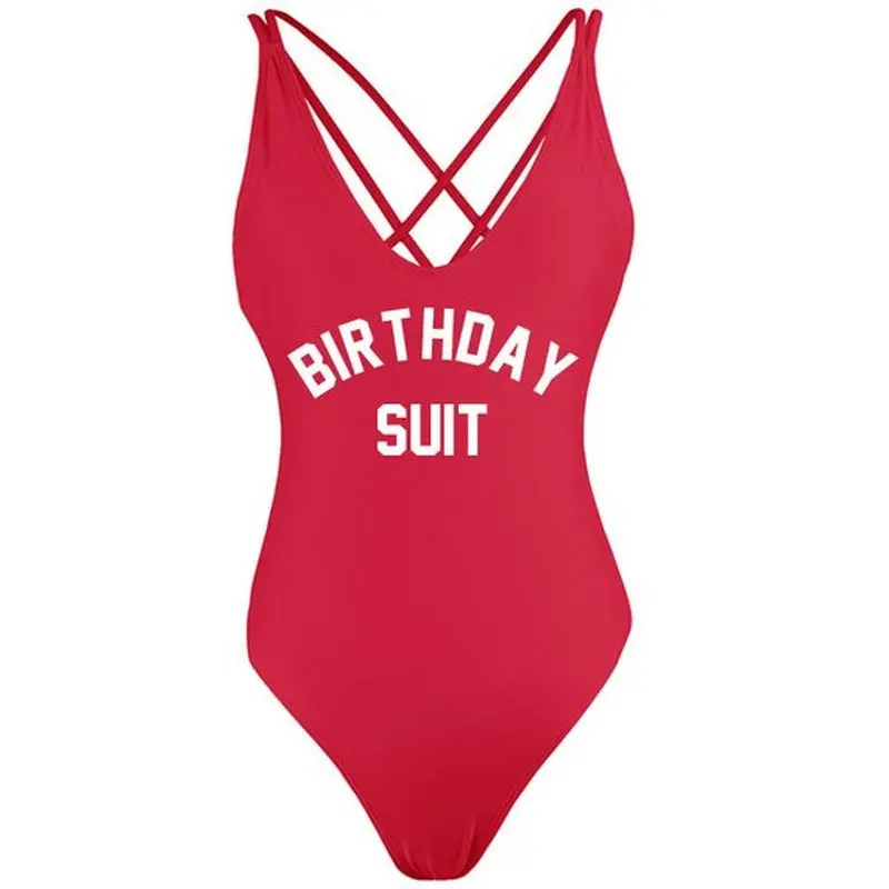 Birthday Suit 2019 One Piece Swimsuit High Cut Strappy Cross Back Swimwear Custom Text