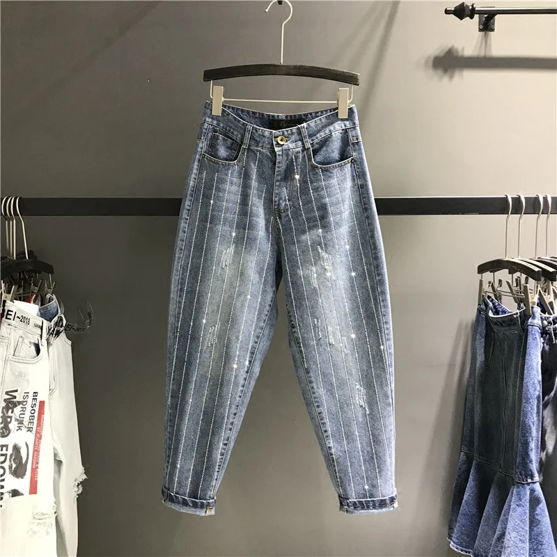 

2019 New Spring Summer Heavy Hot Drill Stripes Jeans Women Loose Cowboy Harem Trousers Tide Students Denim Pants