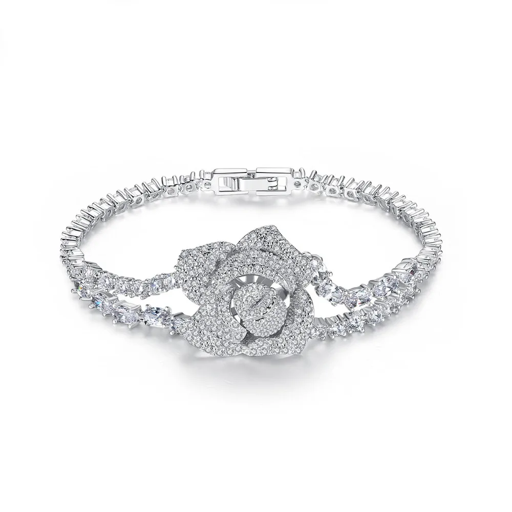 

Luxury Vintage Flower Bracelet Micro Paved Tiny CZ Crystal Charm Link Chain bangles for Women Bridal Wedding Party Jewelry