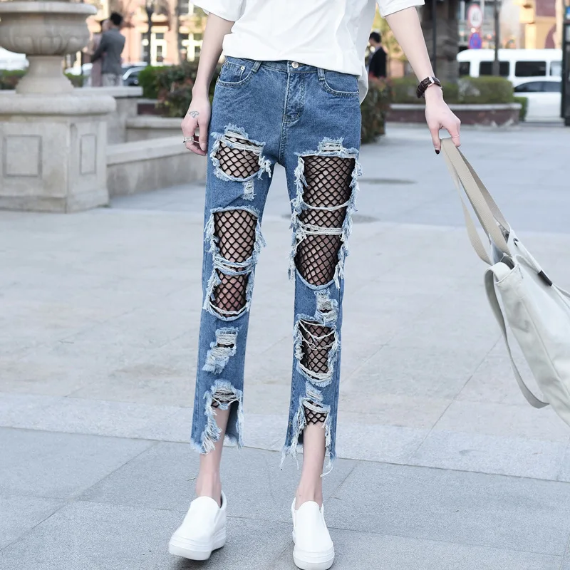 2017 Trending Style Women Beggar Bell Bottom Pants Fishnets Spliced Flare Trousers Female Distressed Ripped