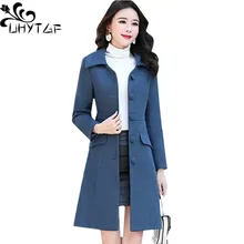 UHYTGF однобортные облегающие Женские Топы Верхняя одежда модная шерстяная куртка с отворотом осень-зима элегантное женское пальто больших размеров 1175