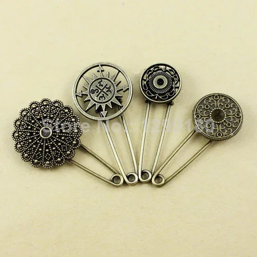 4pcs/lot Alloy Antique Brass Vintage Round Brooch Safety Pins For Garment Accessories Scarf Clip pins Approx:53-58mm (K01939)