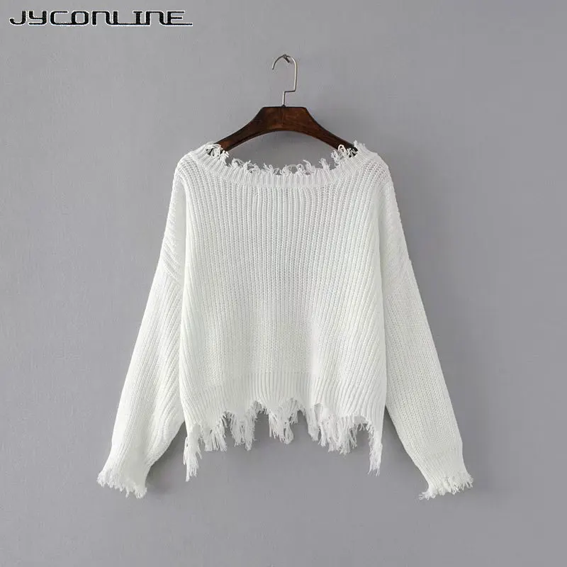 JYConline Sexy Knitted Sweater Women Jumper Black White V-neck Ripped Pullover Sweater Pull Femme Oversized Sweater Knitwear Top