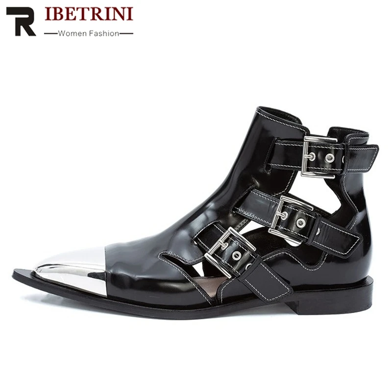 

RIBETRINI 2019 New Big Size 34-43 Belt Buckle Catwalk Runway Ladies Cow Leather Shoes Woman Casual Party Ol Summer Sandals