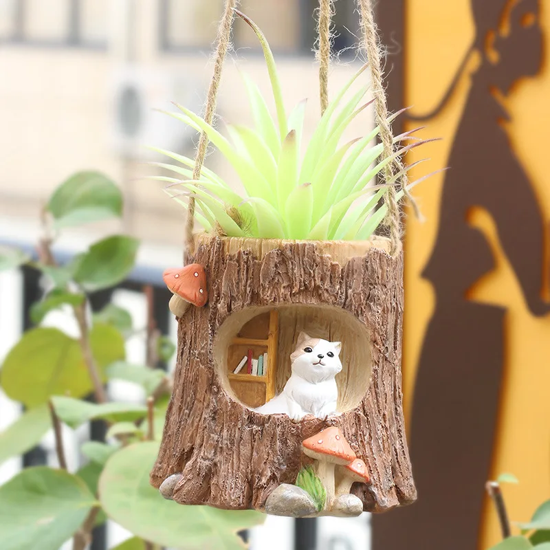 

1 piece animal tree stump Hanging Baskets Home Resin Hanging Plant Flower Pots With line Garden Balcony Decoration flowerpot