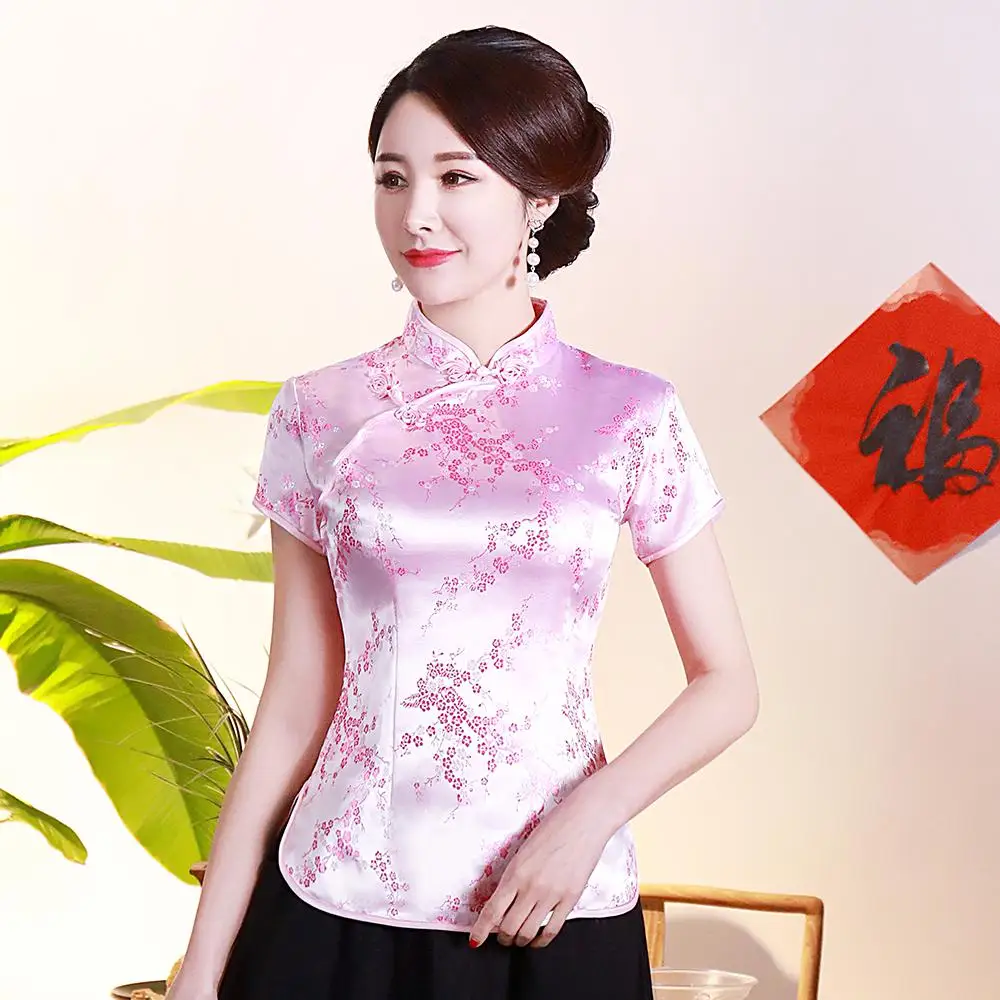 Китайские традиционные атласная блузка летние пикантные бордовые короткий рукав Для женщин рубашки Новинка дракон и кнопки Верхняя часть одежды S-4XL - Цвет: Pink Flower