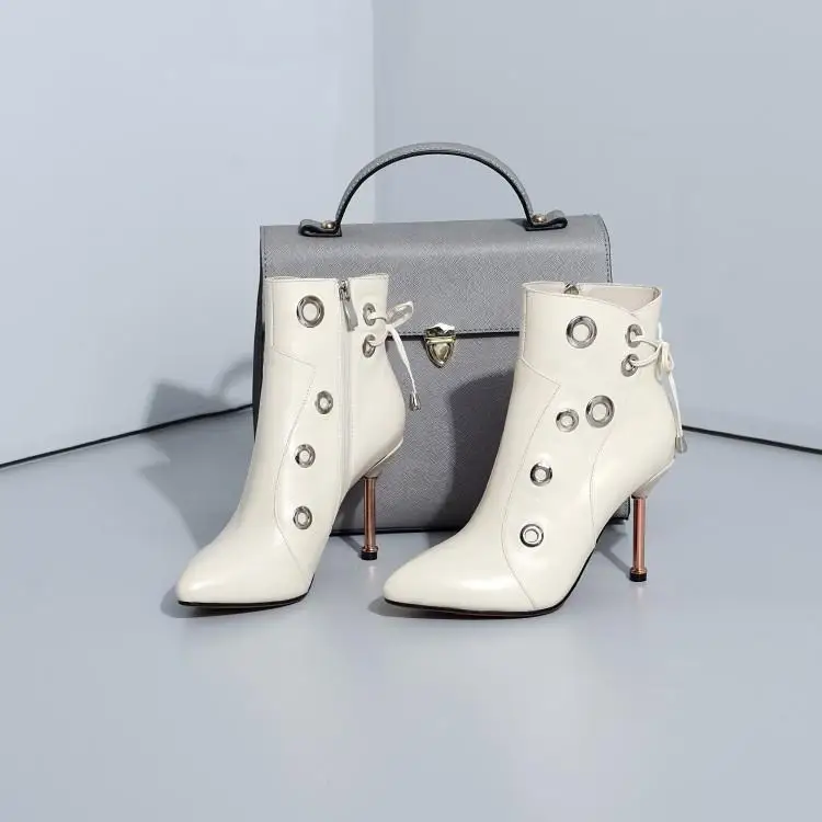 

New Designers Black White Leather Ankle Boots For Women Chic Pointed Toe Sewing Upper Rivets Shoes Woman Back Cross Tied Shoes