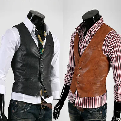 2016 Men leather Vests Slim Fit Solid Color Waistcoat Sleeveless Cowboy ...