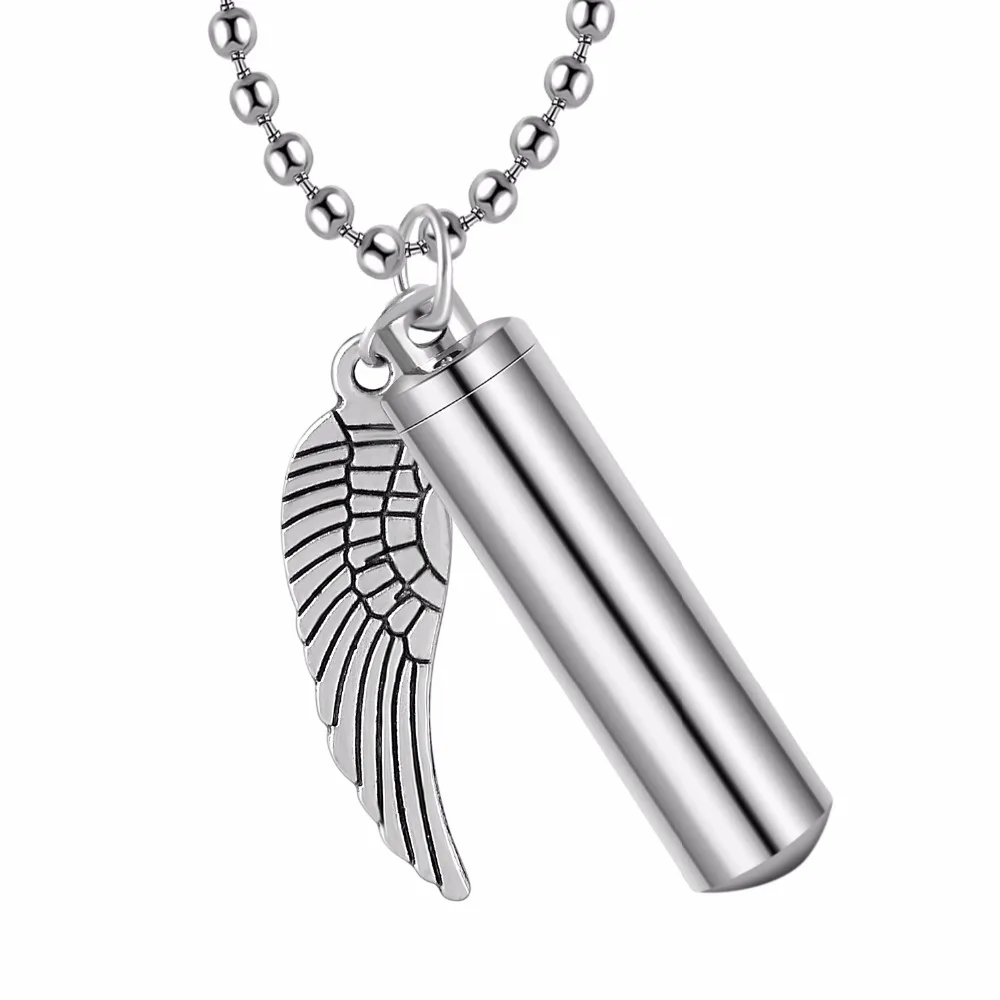 Мужские спортивные ювелирные изделия из нержавеющей стали, Чехол-держатель для таблеток, цилиндрическая подвеска в форме ангельских крыльев, мемориальное ожерелье для кремации