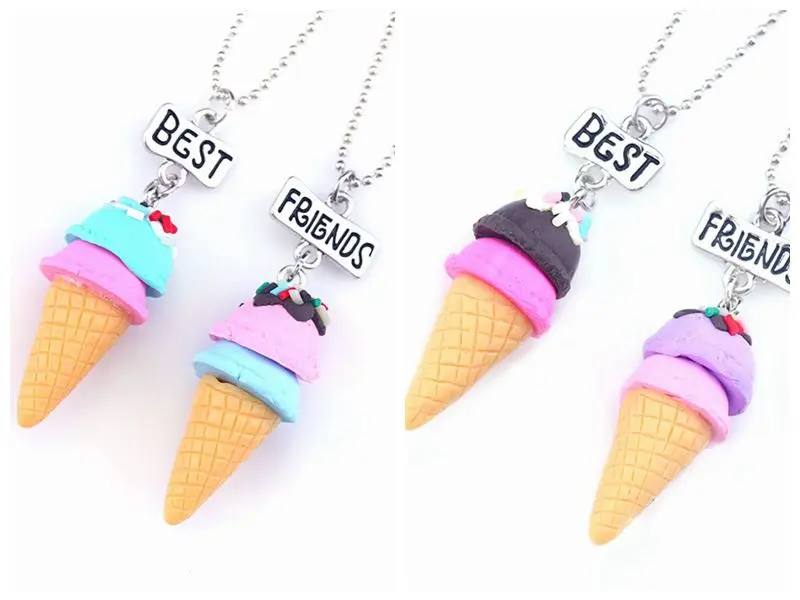 

1set(2PCS) Fashion Soft Ceramic Best Friends Pendant Necklace Hot Girl Ice Cream Drop BFF Necklace Children Jewelry Gift, N-836