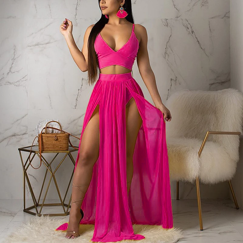 

2019 Sexy Deep V-neck Sleeveless Side Slit Two Piece Maxi Dress Solid Color Spaghetti Strap Pleated Dress