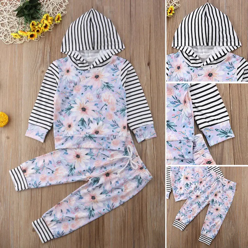 

Newborn Baby Girl Stripe Flower Hooded Tops Pants Leggings Outfits Clothes Set