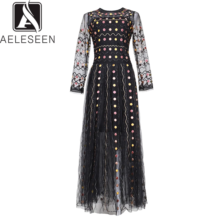 AELESEEN Роскошные длинное платье 2019 новые летние модные женские туфли точек сетки