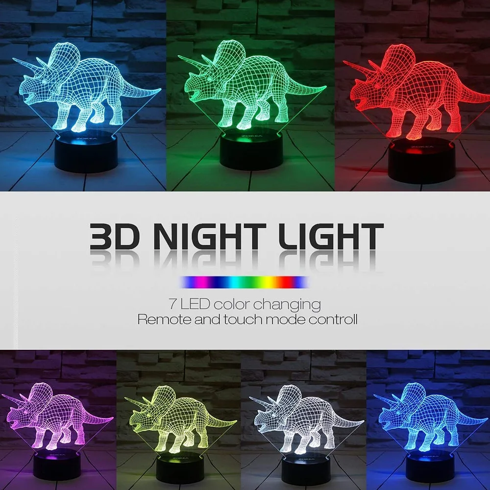 Ночные огни для детей динозавр 3D ночной свет прикроватная лампа 7 цветов Изменение с пультом дистанционного управления лучшие подарки на