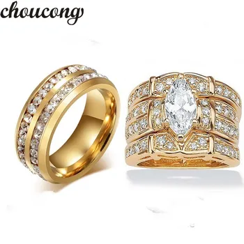 

Choucong Trendy Jewelry ring for women men Round AAA zircon Cz crystal Stainless Steel Lovers Party Wedding Band Ring gold Color