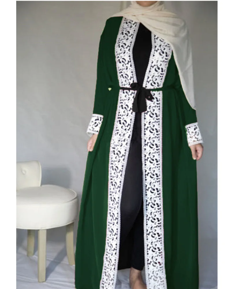 Мусульманское платье женское кружевное с отделкой спереди абайя мусульманское Макси-кафтан кимоно Кафтан Дубай Исламская африканская одежда Абая для женщин