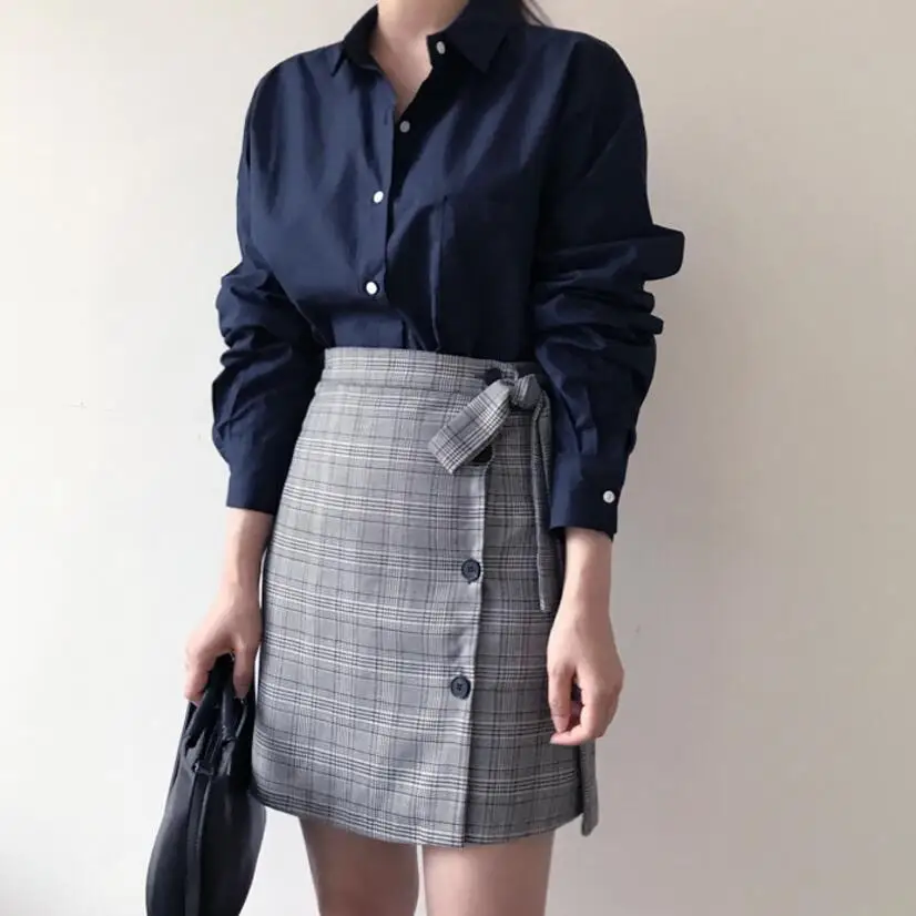 

Women's skirt 2019 summer new single-breasted tie striped cotton skirt high waist wild A word skirt