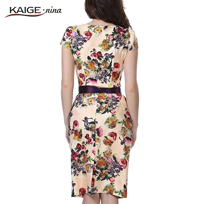 Kaige.Nina New Women's Fashion Vestidos Printing Style Short Sleeves V-Neck Belt Decoration Tight Knee-length  1607 a