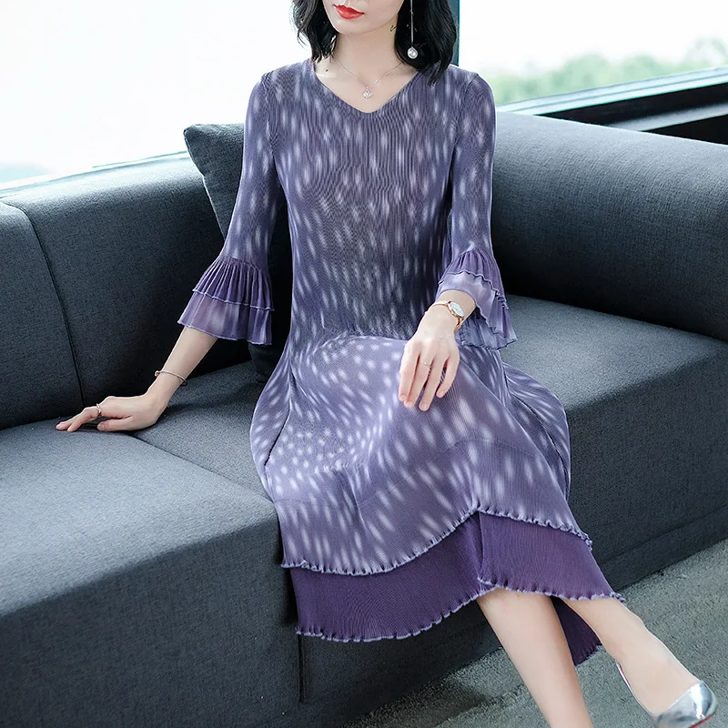 

Miyake Women's Garment Spring Garment New Chiffon Digital Printed Loose-size Folded Dresses