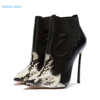 

Women Leather Boots Pointed Toe 12cm Thin High Heels Shoes Woman Winter Fashion Ankle Boots Front Snake Prints Black Short Boots