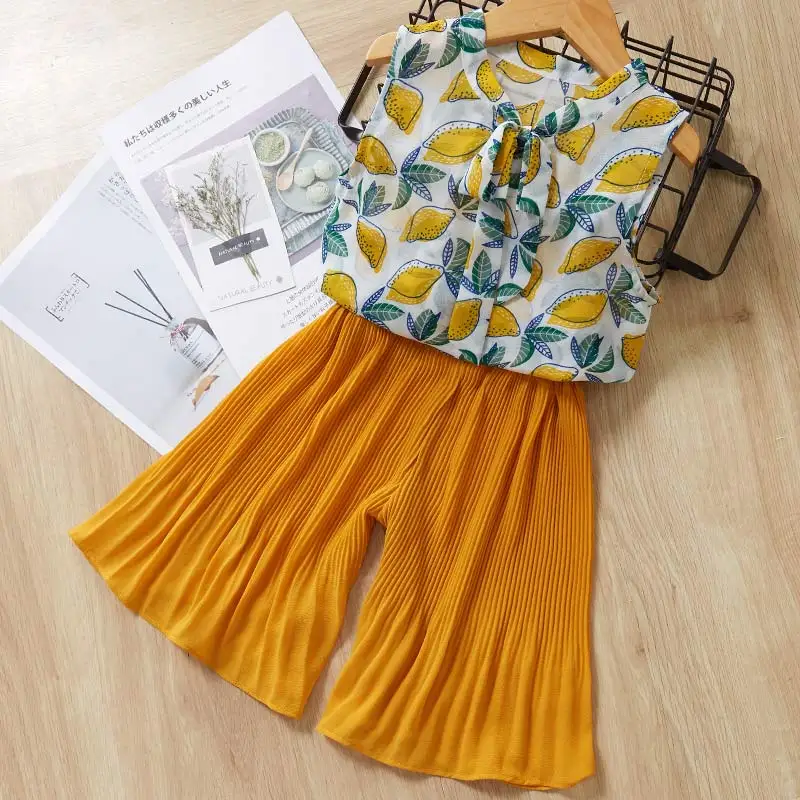 AY266 Yellow Melario/комплект из 2 предметов, стильная детская одежда для маленьких девочек, костюм рубашка с цветочным принтом на бретельках топы, штаны желтые штаны летняя одежда - Цвет: AY266 Yellow