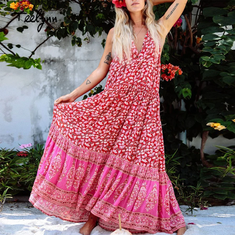

TEELYNN maxi Boho dress 2018 autumn rayon floral print sexy sleeveless v-neck dresses beach wear hippie women dresse vestidos