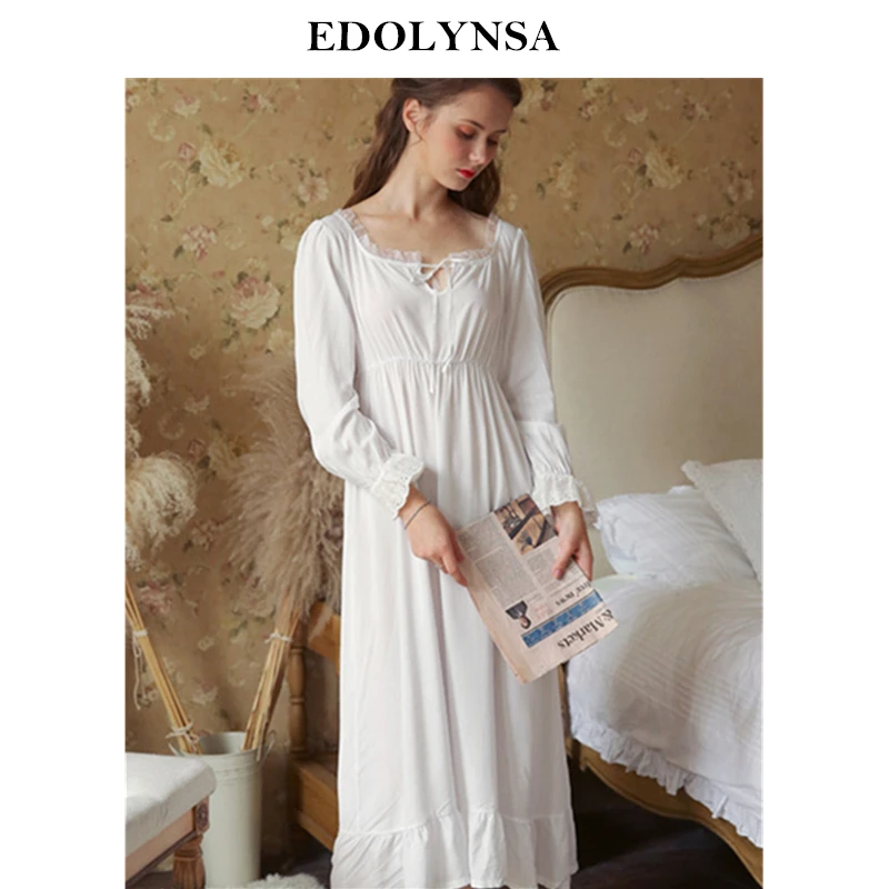 

Vintage Square Collar High Waist Home Wear Night Dress Women Autumn Sleepwear Sexy Off Shoulder Long Cotton Nightgown Robe H770