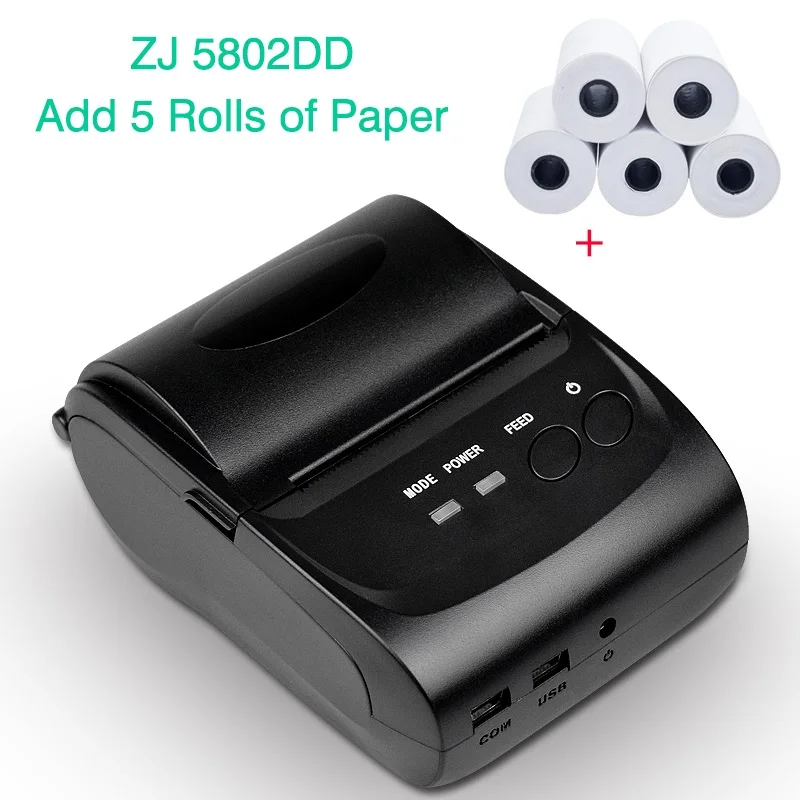 ZJ 5802 Portable Mini Bluetooth USB POS phone Printer 58mm Wireless Thermal Receipt photo printer pos billing machine - Цвет: 5802DD 5PCS PAPER