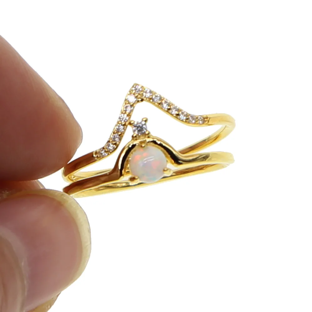 

gold filled engagment 2pc ring set CZ paved V shape fire opal tiny thin wedding ring 2018 new arrival valentines day gift