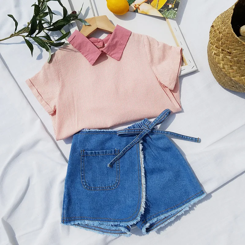 

2019 Korean Style Girls Boys Striped Shirt Summer Cotton Kids Tops Girls Blouse 1-6 Years