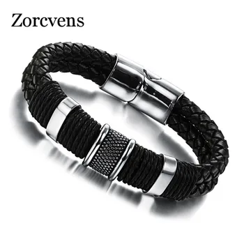 

ZORCVENS Cool Punk Black Gold Stainless Steel Magnetic Button Design Genuine Leather Bracelet for Men Fashion Bangles Male Gift