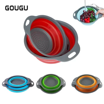

2Pcs Foldable Colander Drainer Basket Fruit Vegetable Washing Basket Strainer With Handle Silicone Collapsible Kitchen Organizer