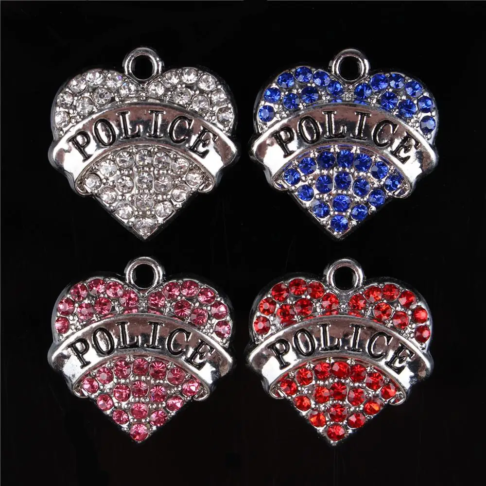 Multi Color POLICE Love Heart Crystal Charms Pendant For DIY Necklace