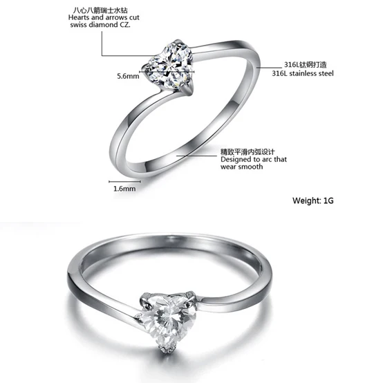 Showlove Anillo de circonita con forma de corazón para mujer, joyería, acero quirúrgico 316L|316l surgical fashion ringswomen rings - AliExpress