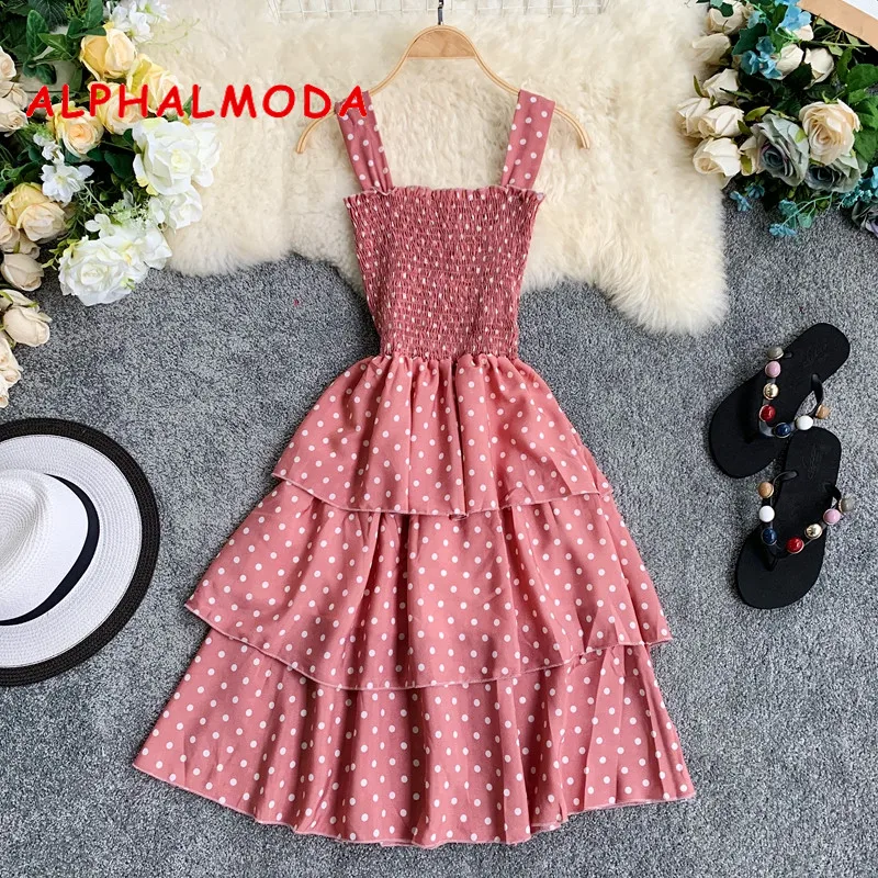 

ALPHALMODA New Polka Dot Princess Ruffled Tank Dress Summer New Ladies Waist-slimming Multi-layer Sweet Cake Vestidos