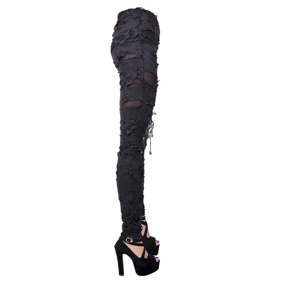 Punk Cotone Rock Pantaloni Strappato Casual Sexy Gothic Fasciatura Di Fori Nere Leggings Donne pwSXqI6O